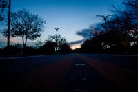 Chemin tranquille sous le ciel au crépuscule, entouré d'arbres et de nuages.