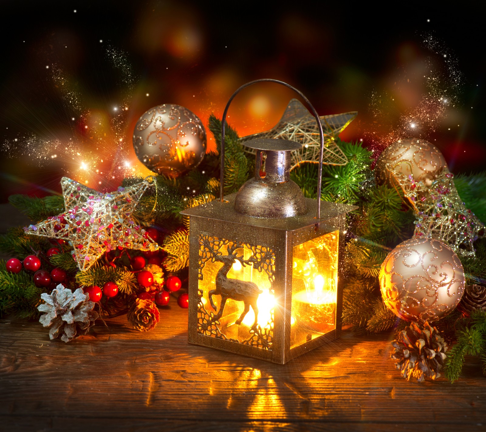 Christmas lantern with a horse and decorations on a wooden table (christmas, decoration, lantern, new year, night)