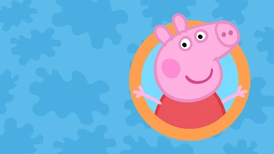 Peppa Pig en un entorno de dibujos animados colorido con un fondo azul.