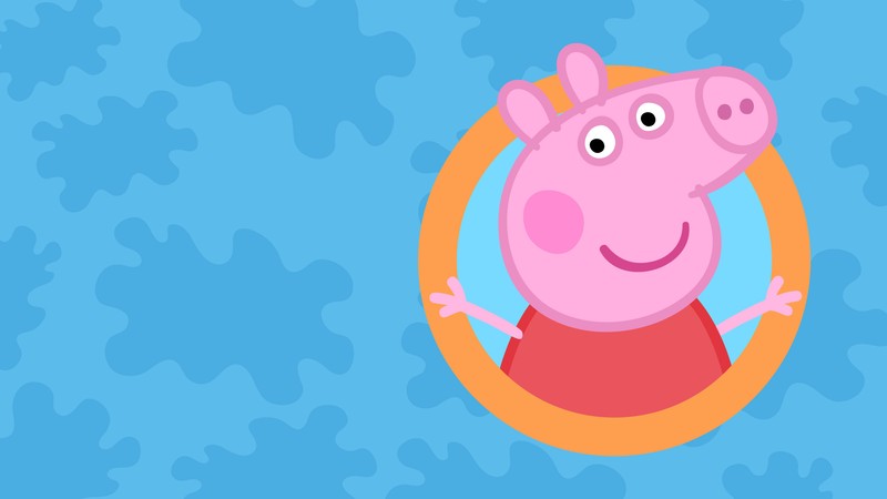 Свинка пеппа улыбается и стоит в круге (свинка пеппа, peppa pig, синий фон, мультфильм, кино)