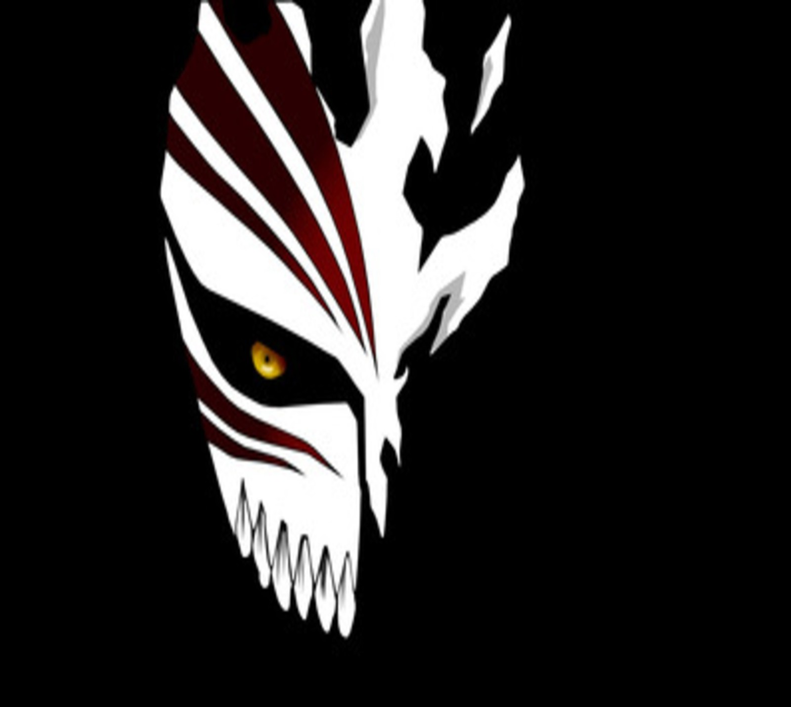 A close up of a white and red demon face on a black background (anime, bleach)