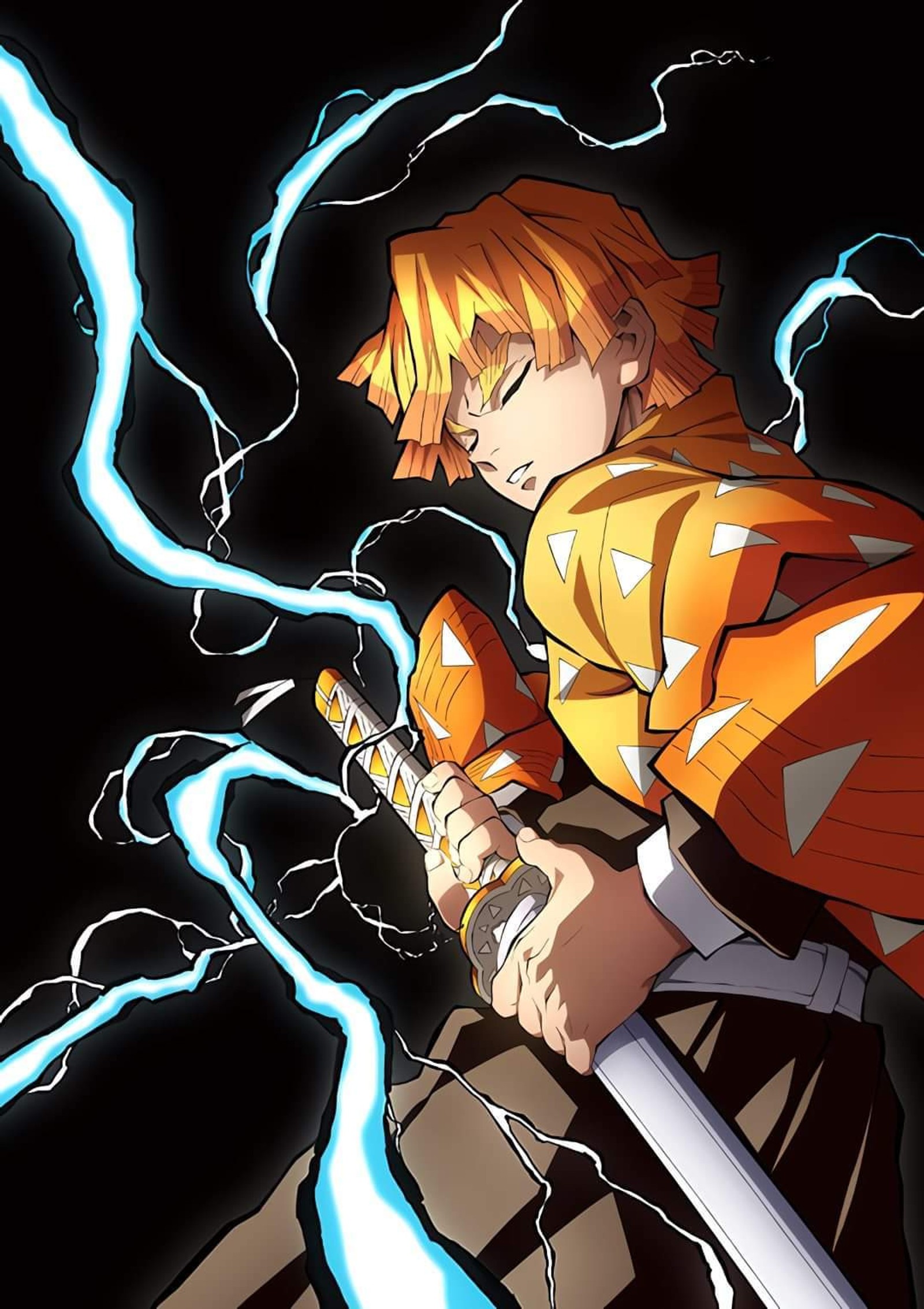 Anime character with sword and lightning in background (angel, demon slayer, hero, kimetsu no yaiba, little)