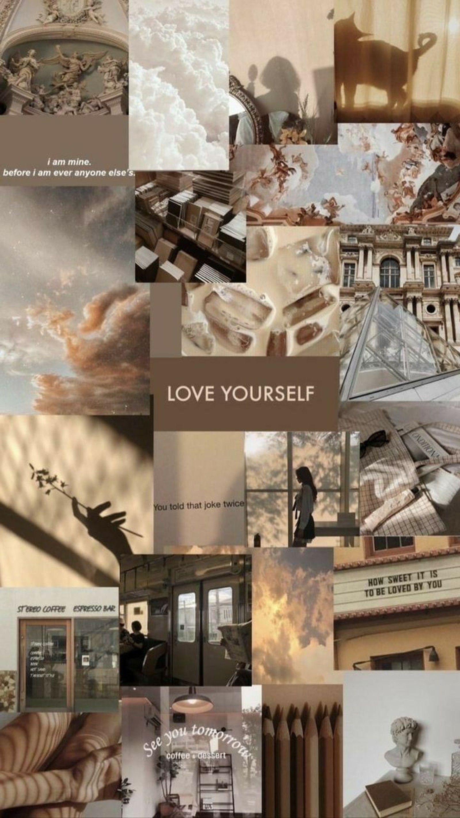 Gros plan d'un collage de photos avec un chat et un bâtiment (esthétique, aesthetic beige, montage esthétique, mignon, amour)