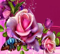 Vibrant Pink Roses with Butterfly Amidst Floral Elegance