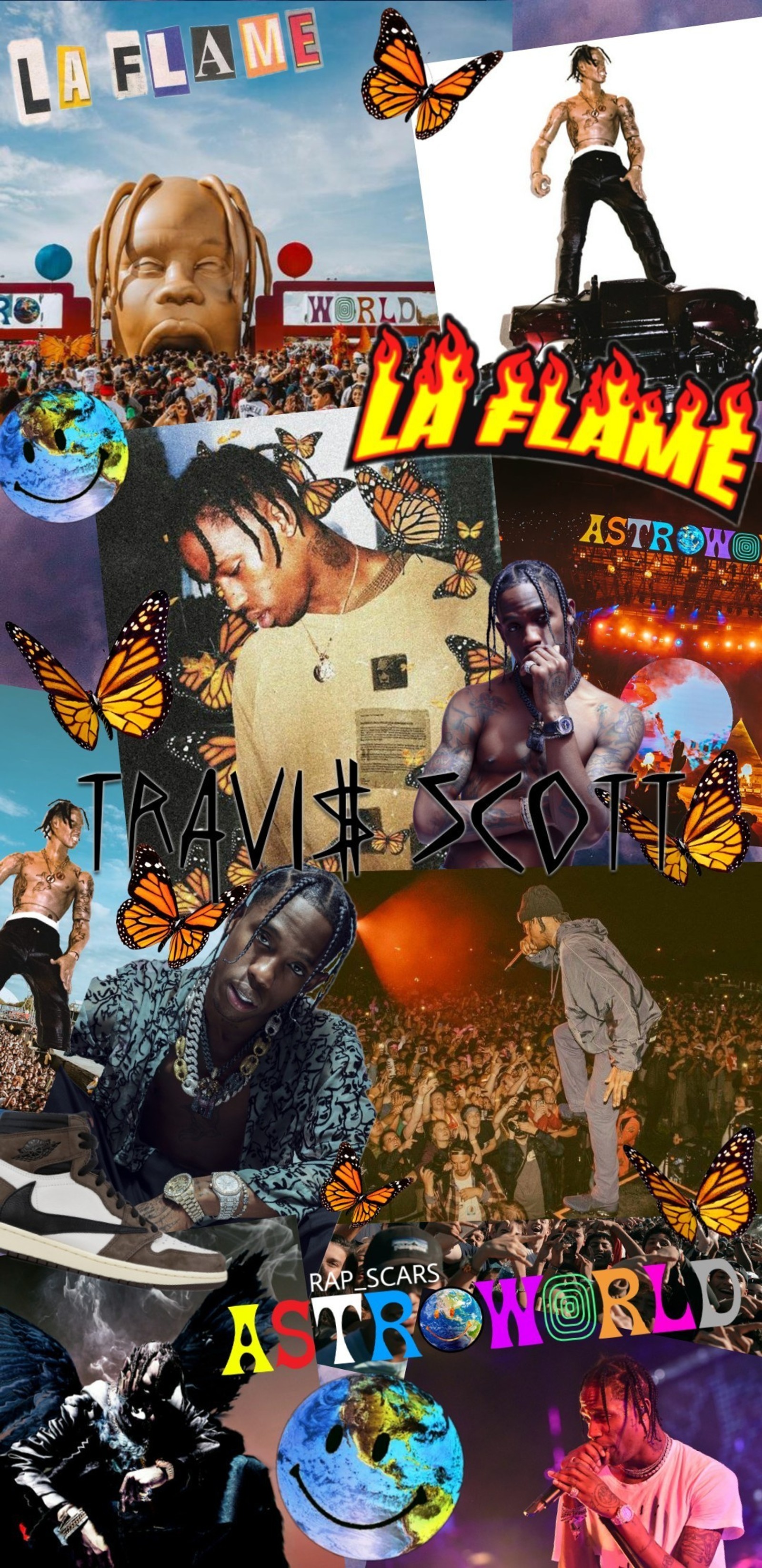 Um close de um colagem de várias imagens de pessoas (astroworld, astroworld fest, birds in the trap sing, cactus jack, laflame)