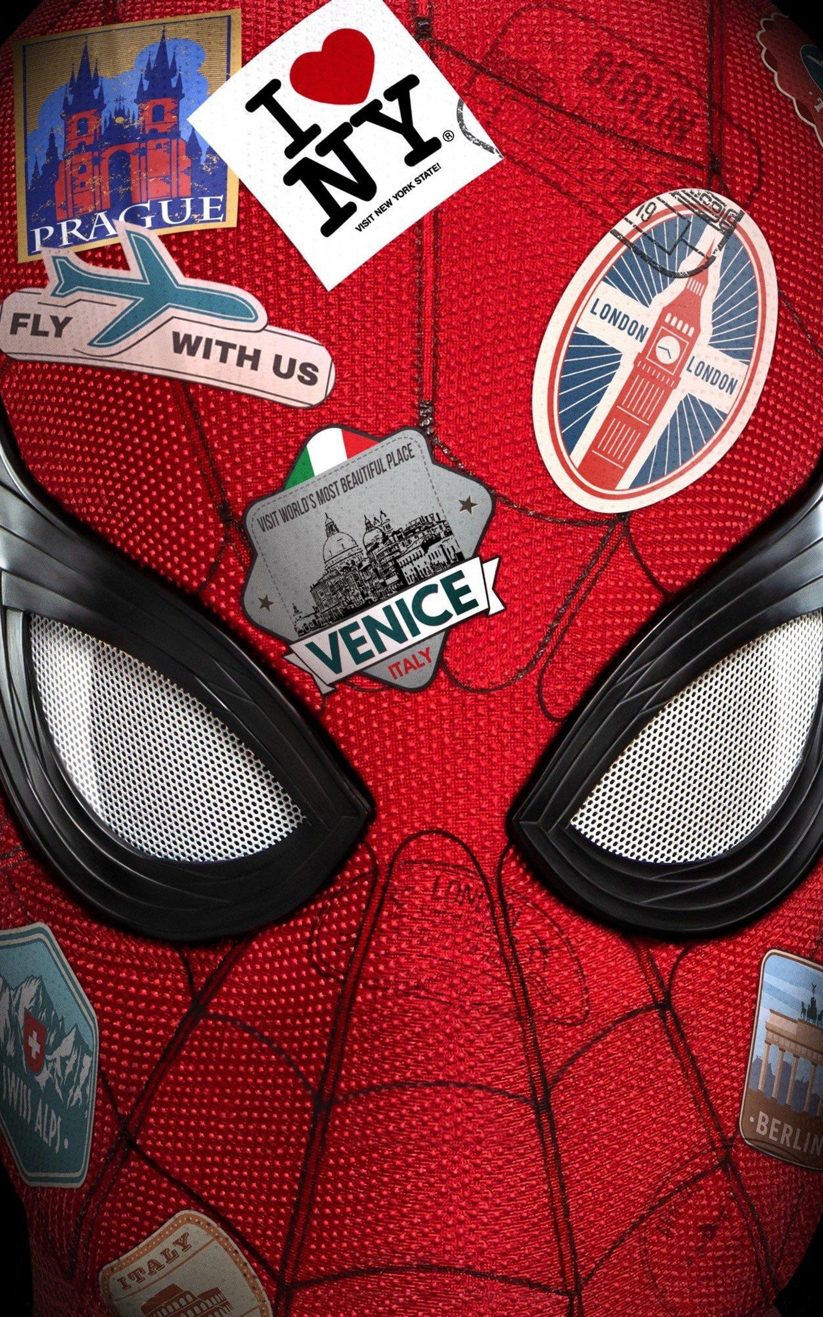 Spider - man mask with stickers on it and a city in the background (avengers, endgame, far from home, spider man)