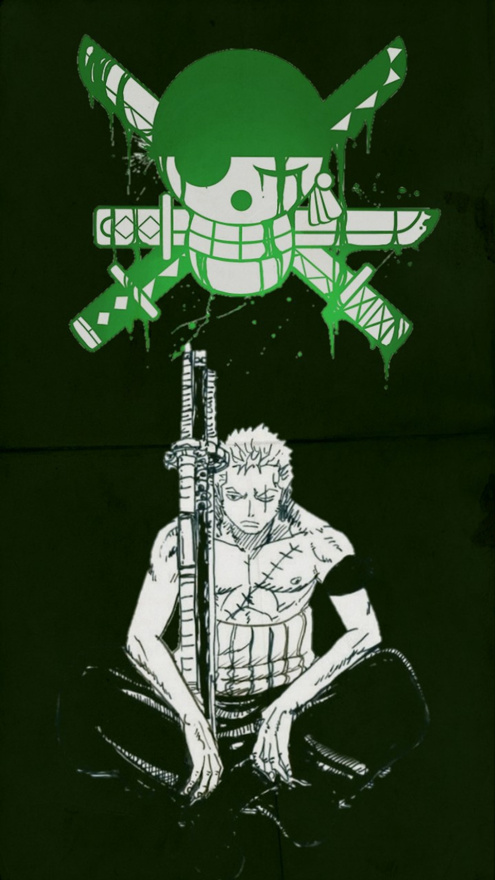 Un primer plano de un cartel con un hombre sosteniendo una espada (one piece, onepiece, roronoa, zoro, jolly roger)