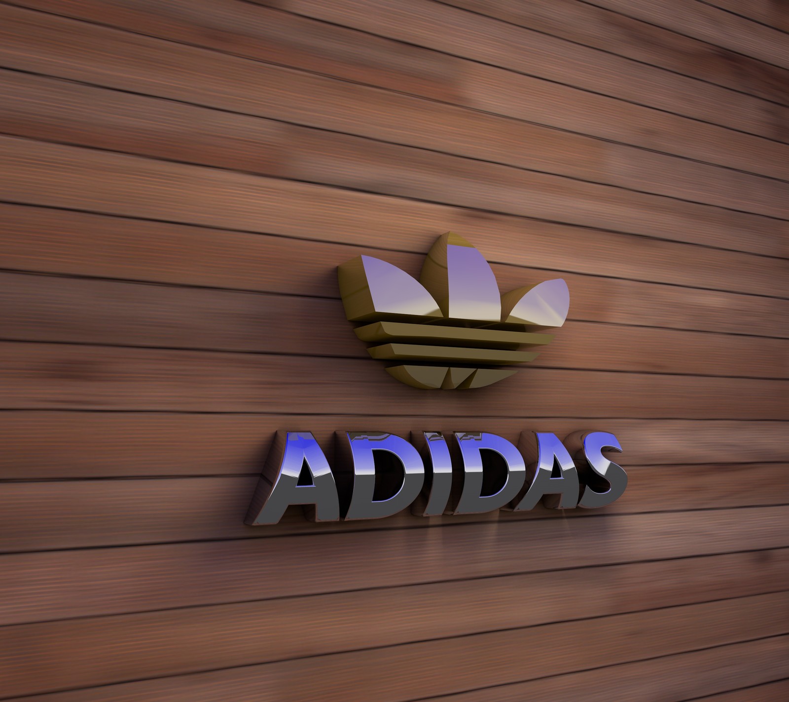 Logo d'adidas sur un mur en bois avec un logo bleu et doré (logo, papier peint)