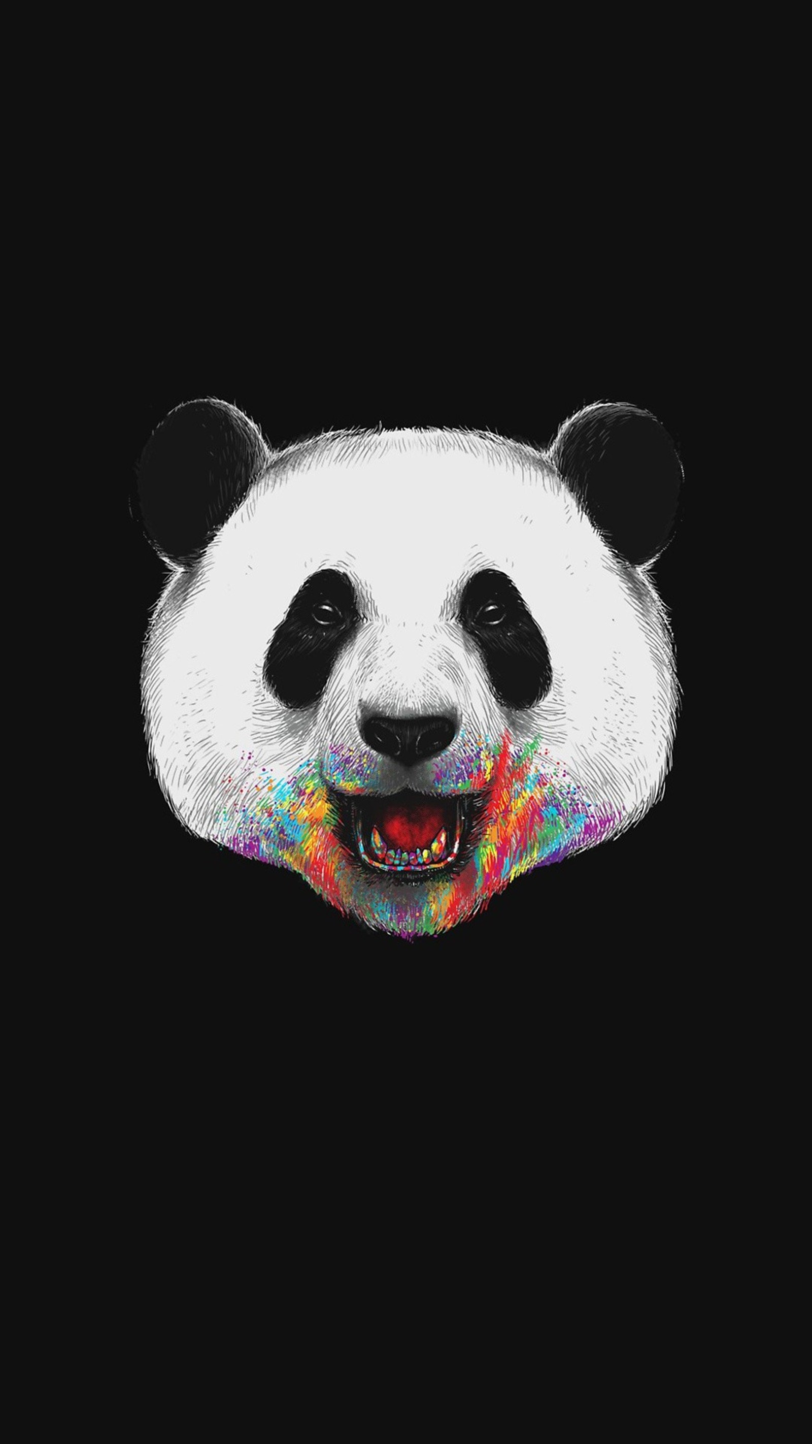 A close up of a panda bear's face with a black background (animal, color, cute, panda)