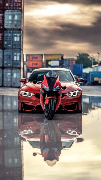 Reflexão do BMW M4 F82 Coupé e da superbike em um ambiente urbano