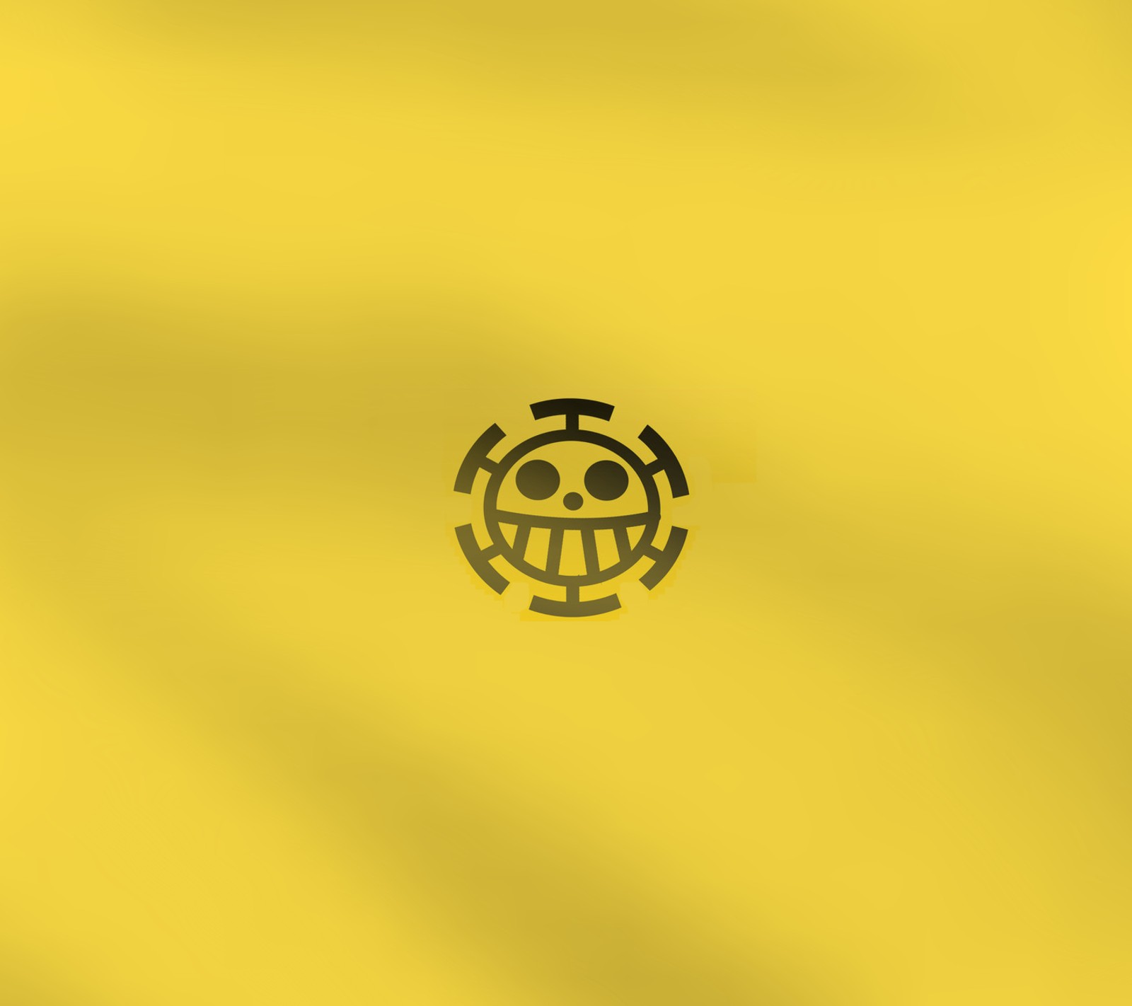 Un primer plano de un fondo amarillo con un logo en blanco y negro (anime, piratas del corazón, one piece, piratas, trafalgar law)