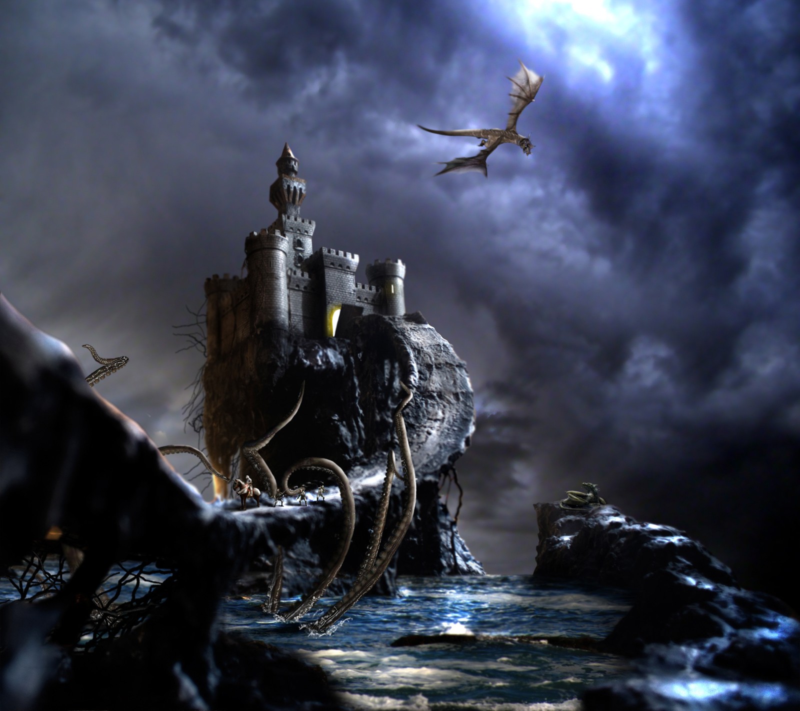 Arafed castle on a rocky island with a dragon flying over it (castle, dark, dragon, drake, fantasy)