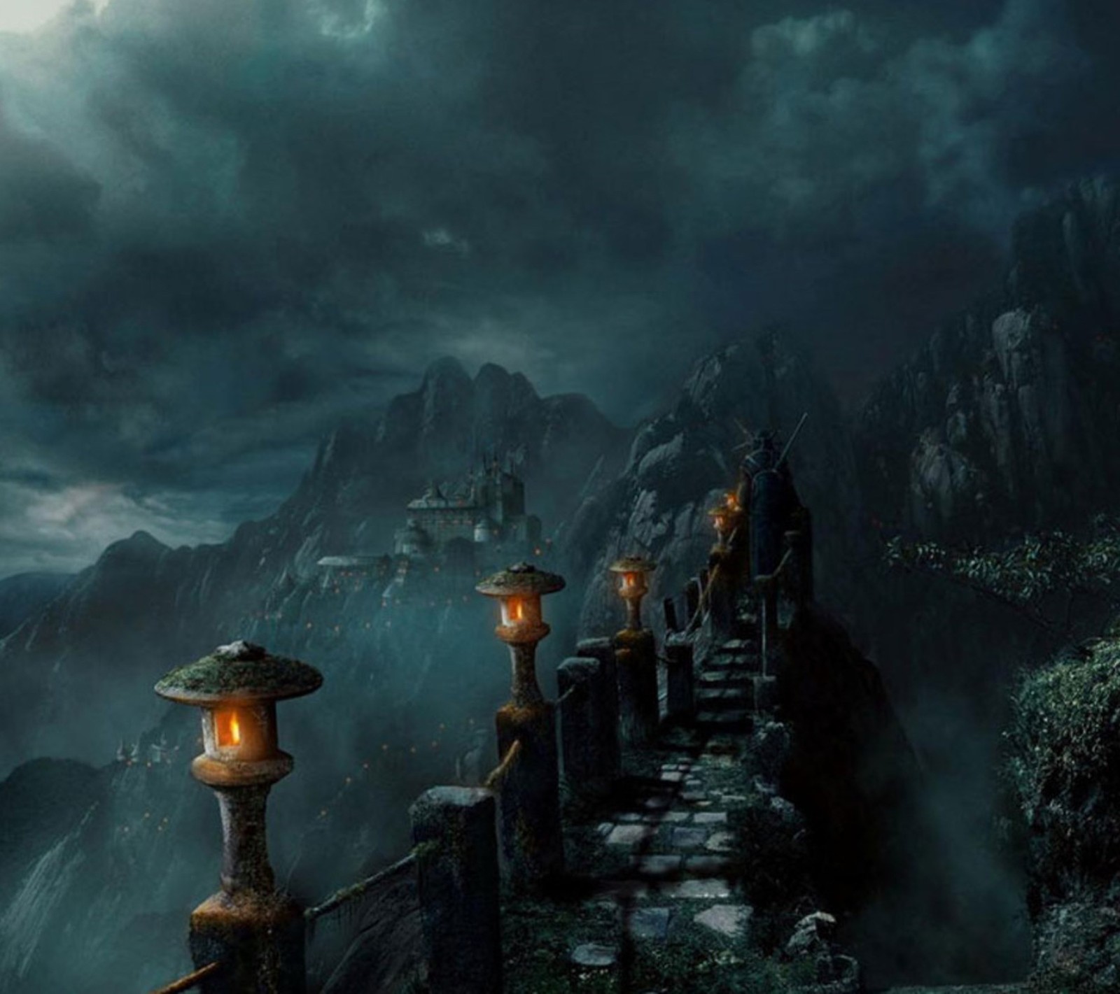 A dark and stormy night scene with a castle on a mountain (bridge, cliff, clouds, mountain, nature)