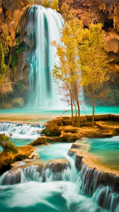 Majestic Waterfall Surrounded by Lush Trees and Tranquil Waters