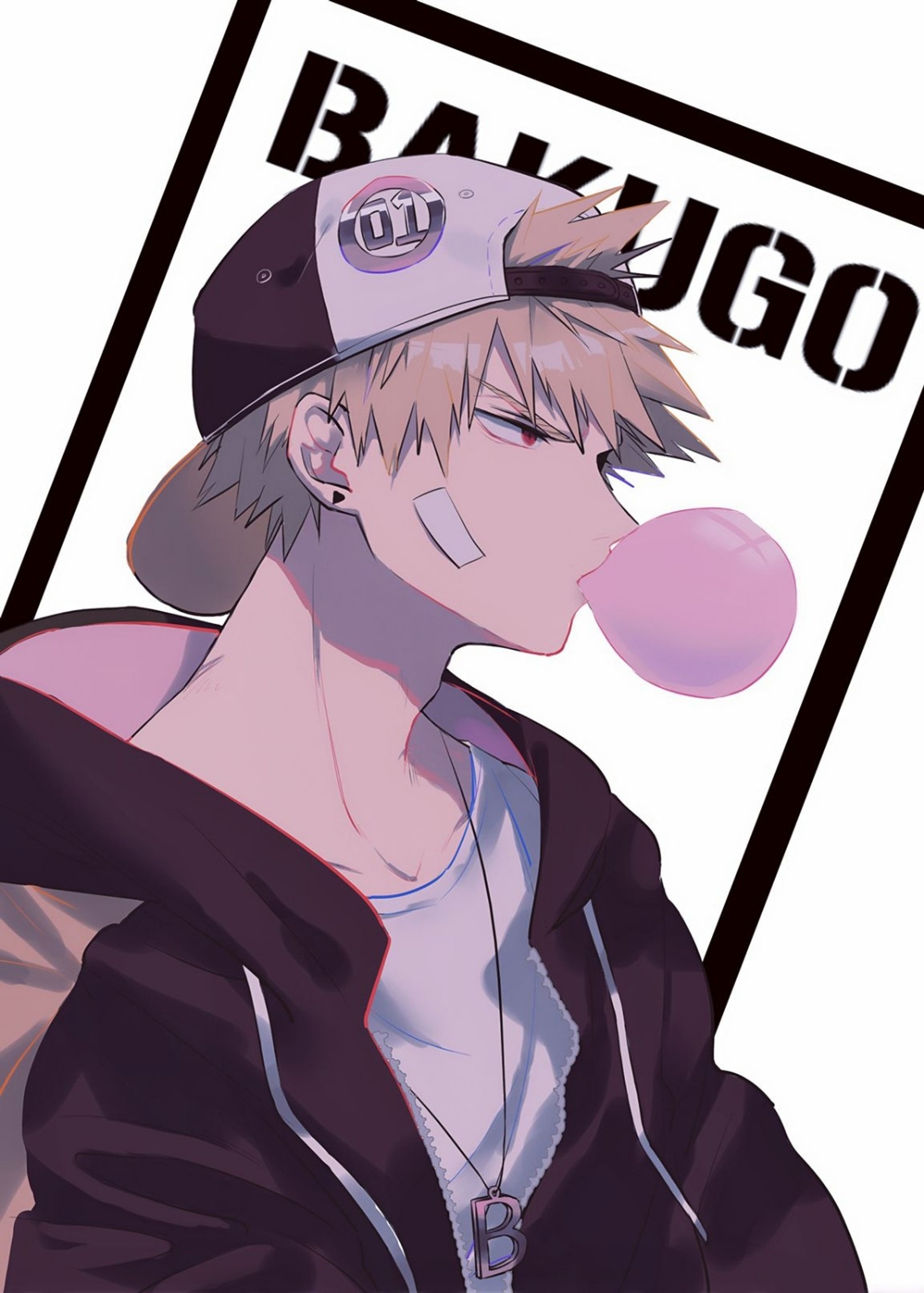 Chico de anime con chicle en la boca, usando gorra y chaqueta (bnha, katsuki, myheroacademia)