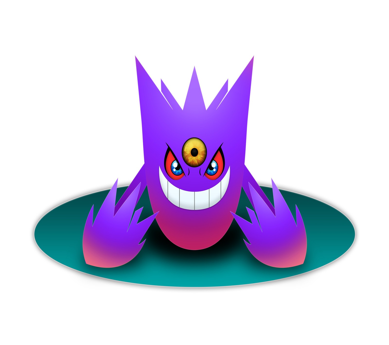 Monstre pokémon violet et rouge avec de grands yeux et un grand sourire (gengar, fantôme, méga, poison, pokémon)