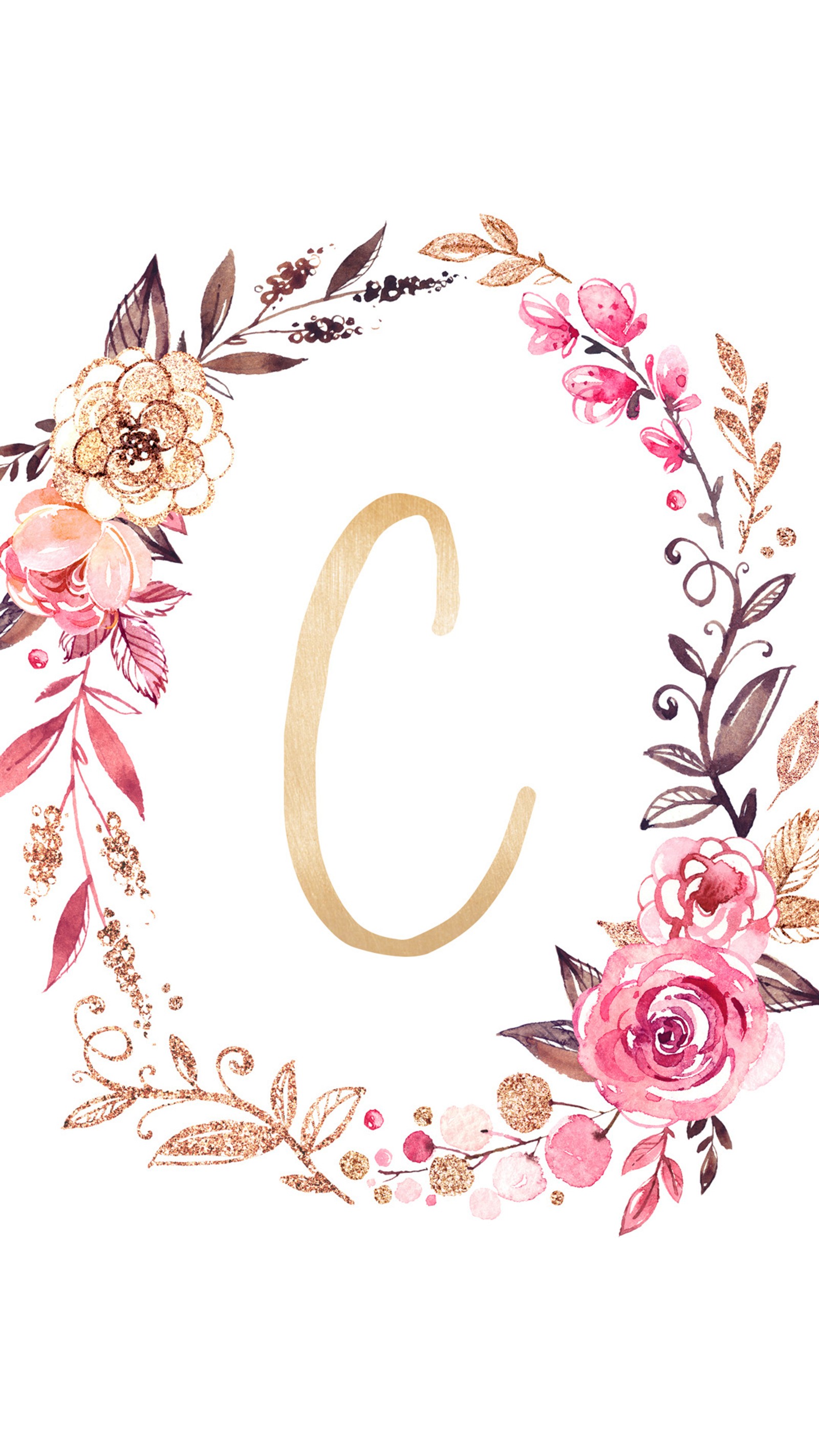 flowers, gold, initial, leaves, letter wallpaper