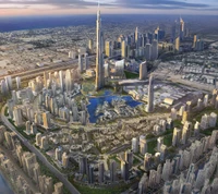 Una impresionante vista aérea de un moderno horizonte urbano con el icónico Burj Khalifa rodeado de exuberante vegetación y arquitectura intrincada.