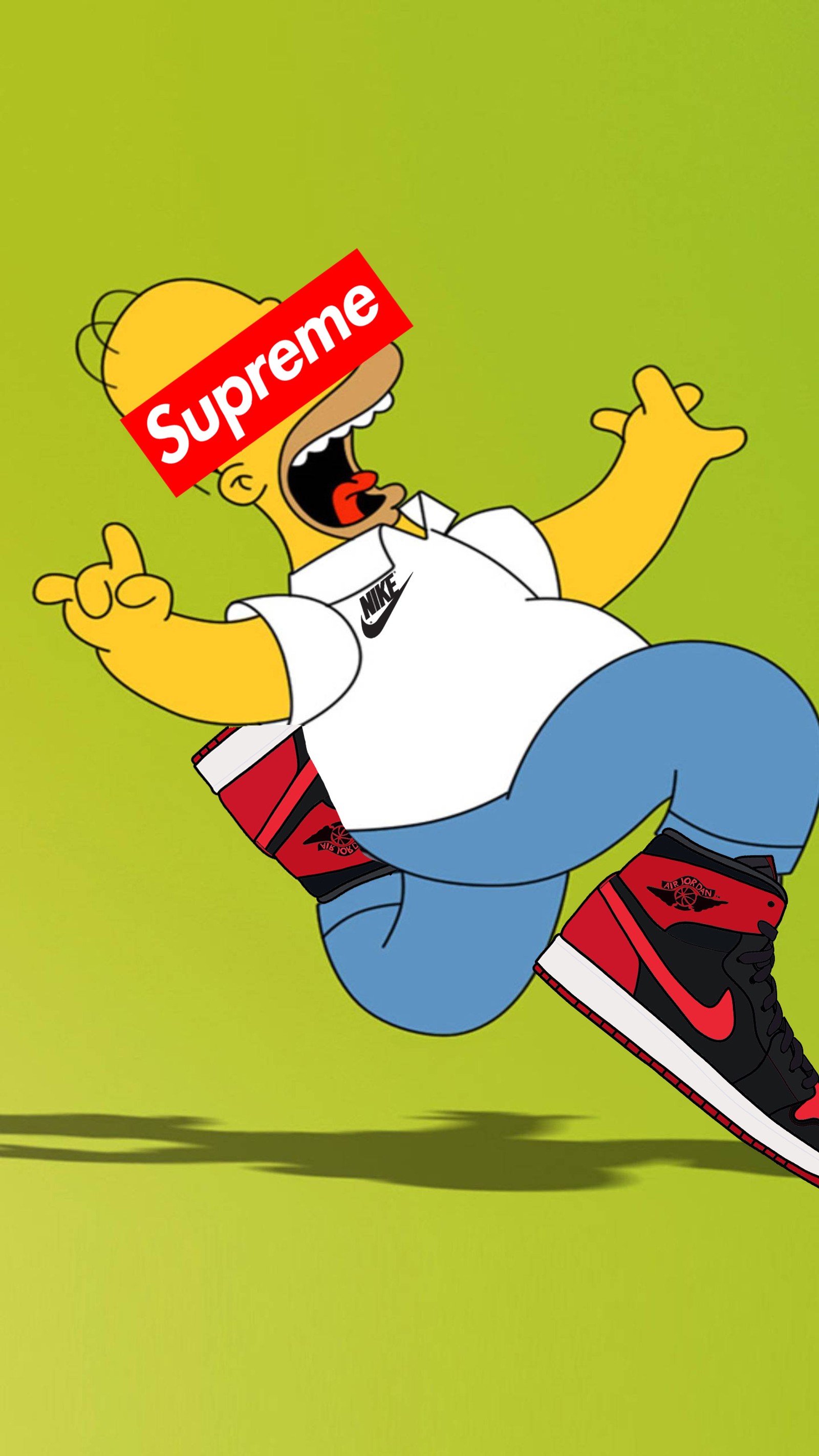 Personaje de los simpsons corriendo con una caja supreme en la cabeza (marcas, flexing, homero, hypebeast, logos)