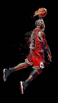 Dynamic basketball player in a red jersey, soaring through the air to make a slam dunk, set against a black background.