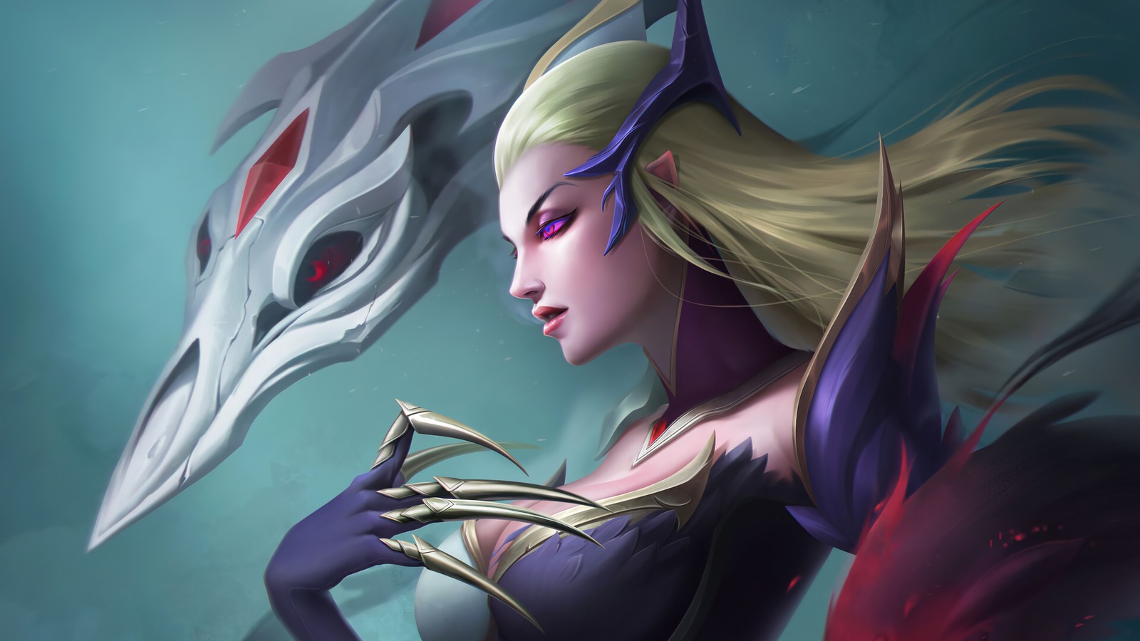 Une femme aux longs cheveux blonds et à la tête de dragon (coven, evelynn, lol, league of legends, jeu vidéo)