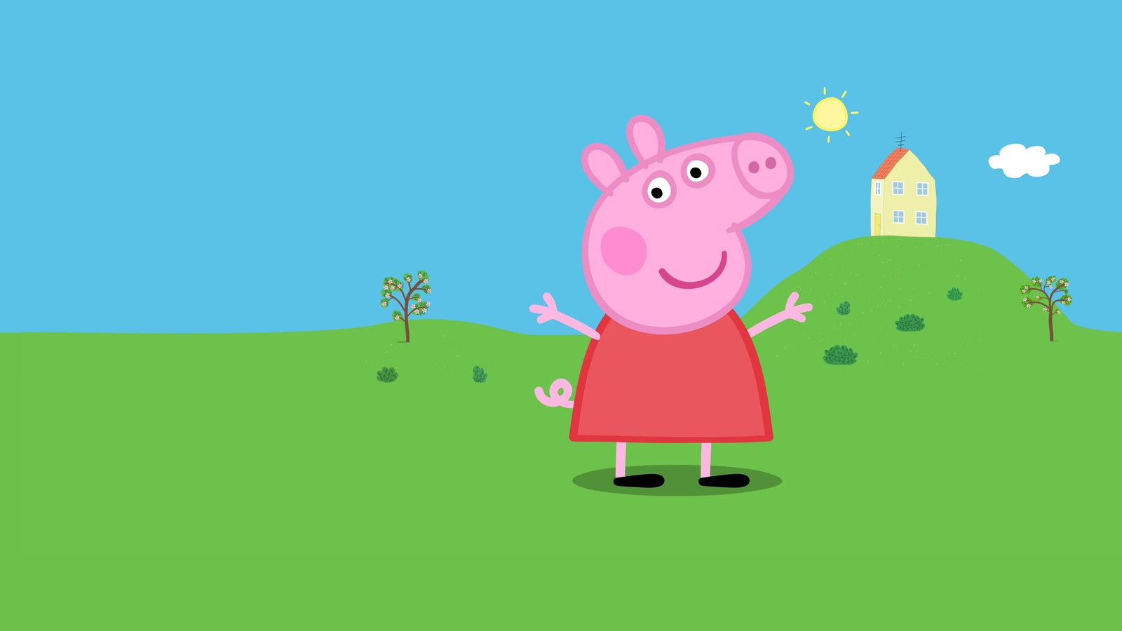 Peppa a porquinha em pé em um campo com uma casa ao fundo (peppa pig, minha amiga peppa pig, nintendo switch, playstation 4, playstation 5)