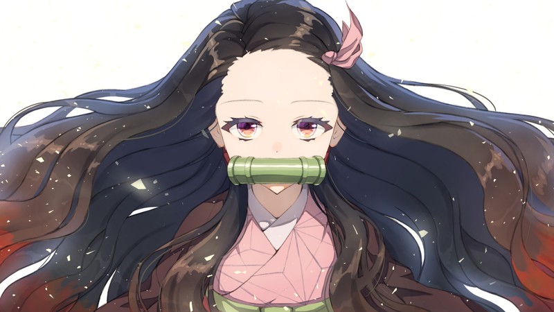 Аниме, женщина с длинными волосами и зеленой маской на лице (nezuko kamado, kimetsu no yaiba, убийца демонов кимэцу но яиба, demon slayer kimetsu no yaiba, аниме)