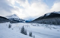 Paisagem de inverno majestosa com montanhas cobertas de neve e um rio sereno.