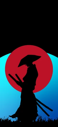 Silhouette de samouraï contre un cercle carmin