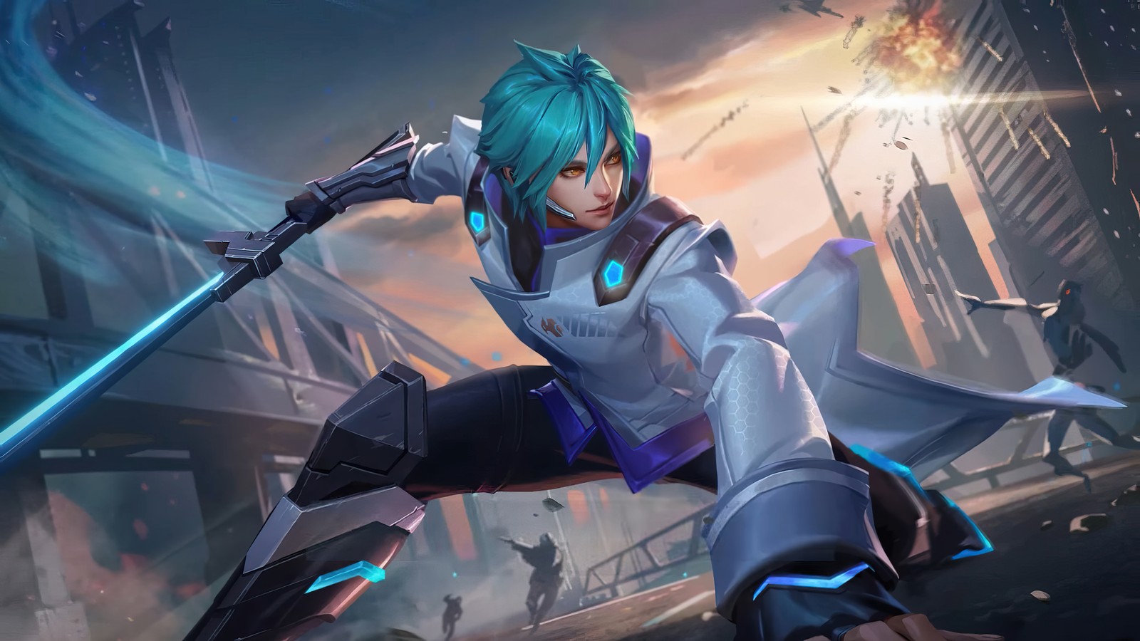 Une femme en tenue blanche et bleue tenant une épée (ling, cosmo guard, mobile legends, bang bang, mlbb)