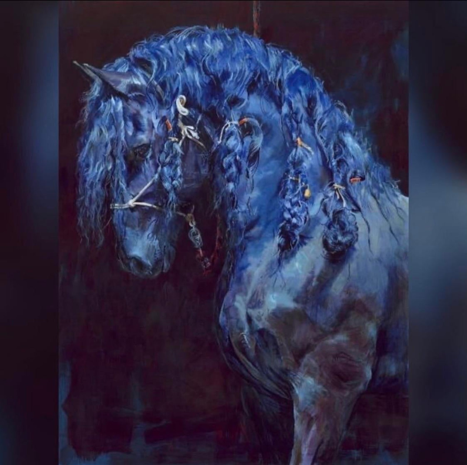 Peinture d'un cheval bleu avec une longue crinière et une longue queue (peinture, art, œuvre dart, dessin, peinture de paysage)