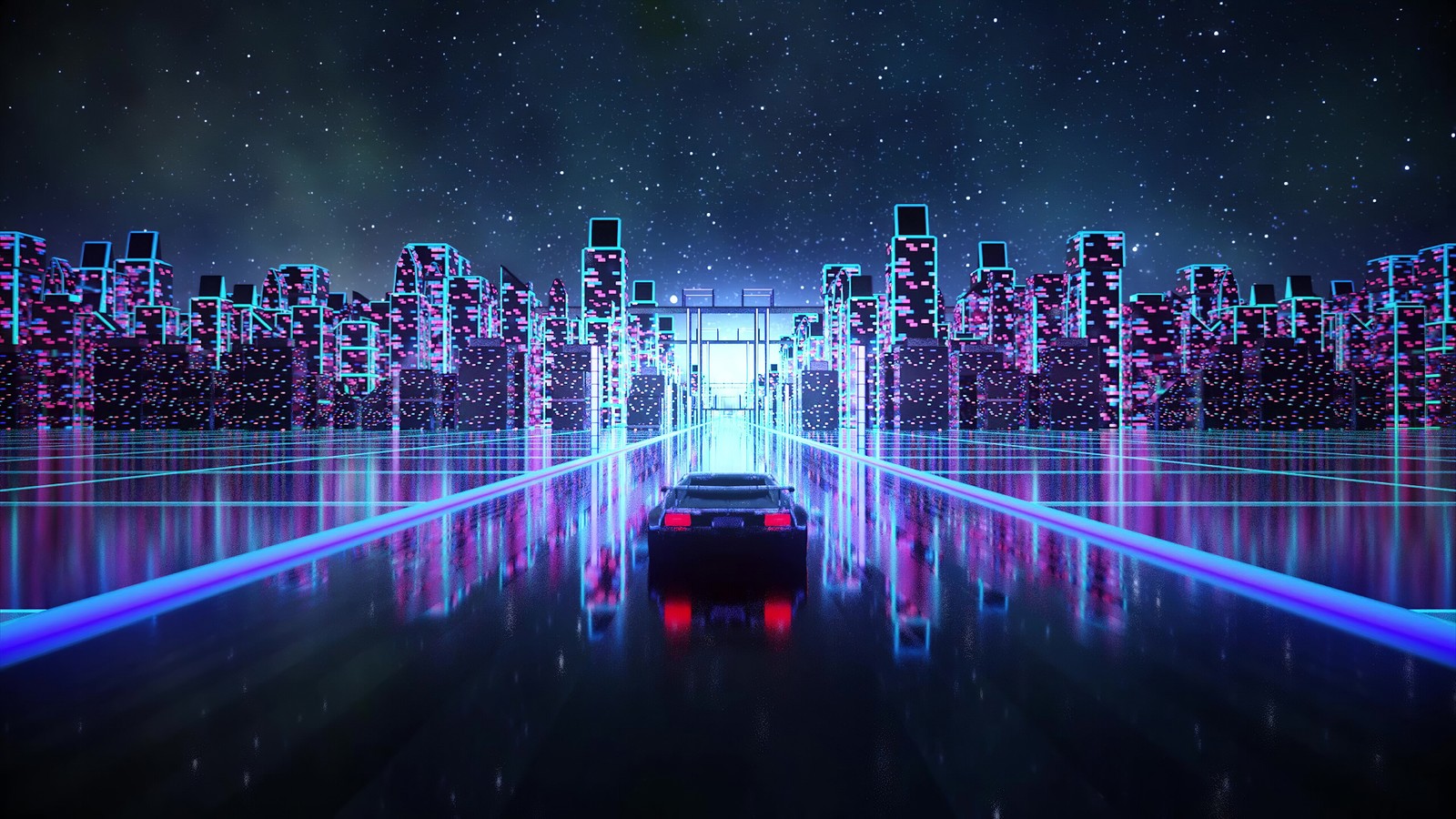 synthwave, night, city, car, digital art wallpaper