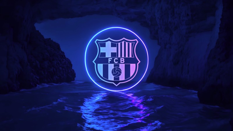 Неоновая вывеска с надписью think fc перед темной пещерой (fc barcelona, неоновый логотип, неоновое свечение, отражение, спорт)