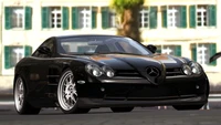 Mercedes-Benz SLS AMG preto exibindo um design elegante e recursos de alto desempenho, contra um fundo elegante.