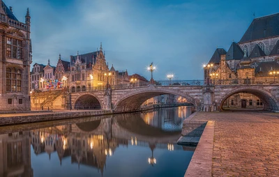 réflexion, point de repère, voie navigable, ville, nuit