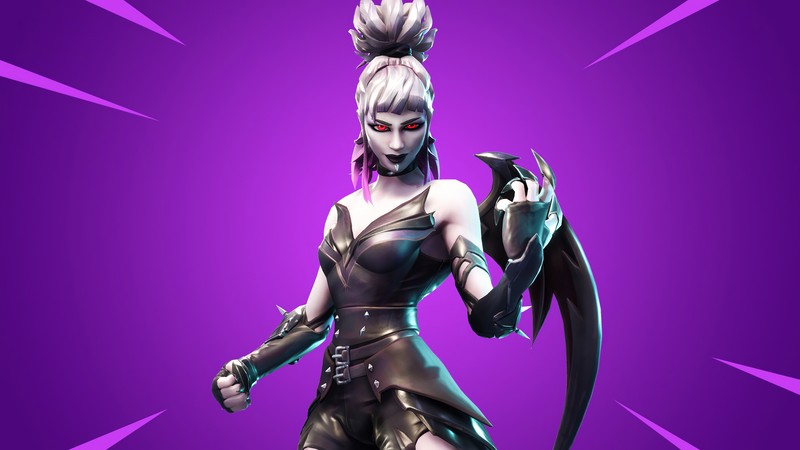 Uma mulher em um traje preto segurando uma espada com um fundo roxo (fortnite, epic games, supervilão, herói, ilustração)