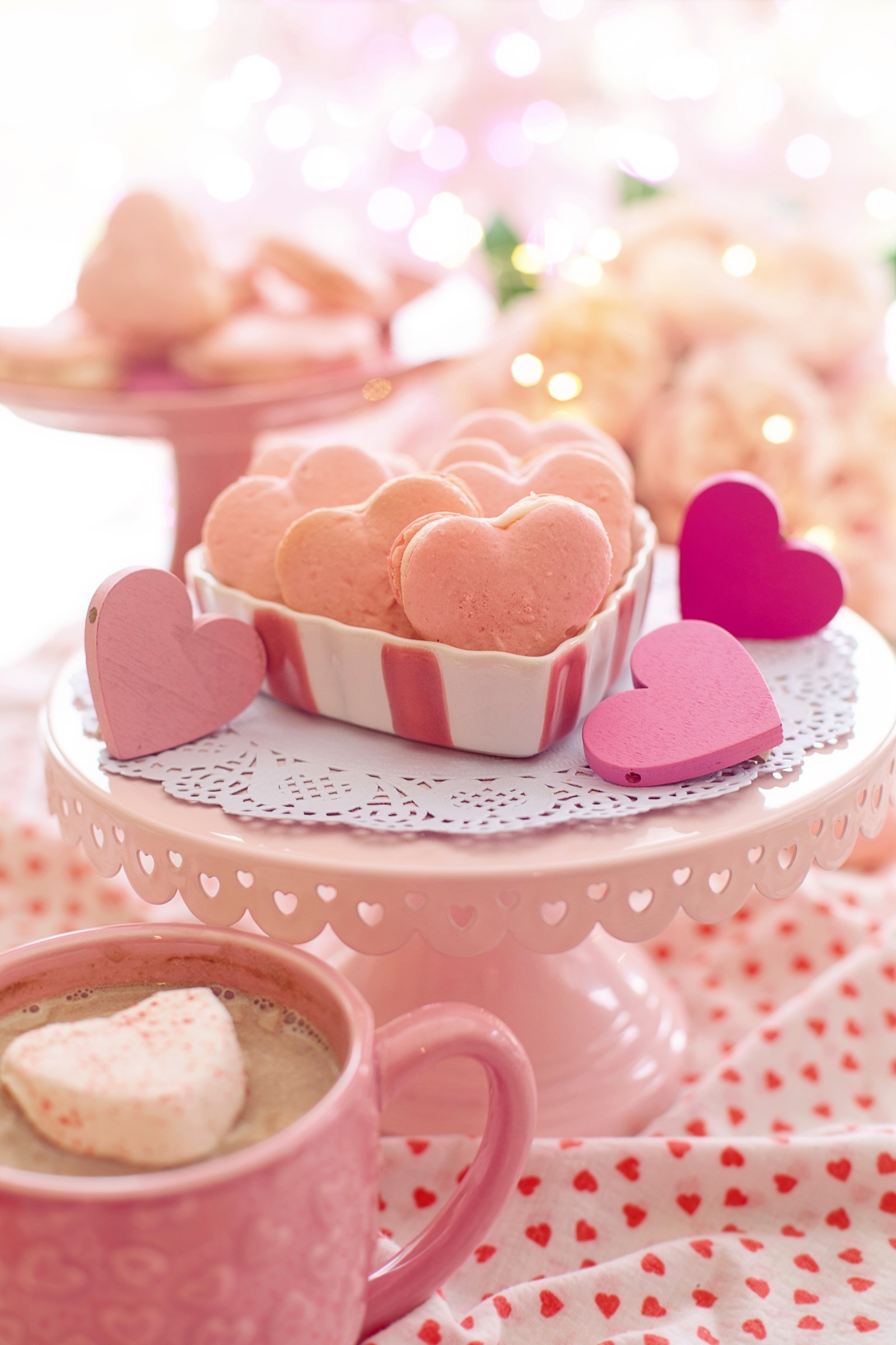 love hearts, pink hearts, cookies, bokeh, love wallpaper