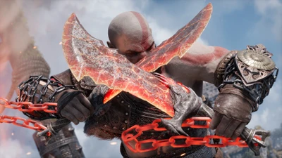 Кратос, wielding the Blades of Chaos в God of War Ragnarök, окружённый эпическими боевыми эффектами.