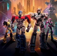 Transformers Un : Orion Pax, Bumblebee, Elita Un et Megatron s'unissent dans un paysage urbain futuriste