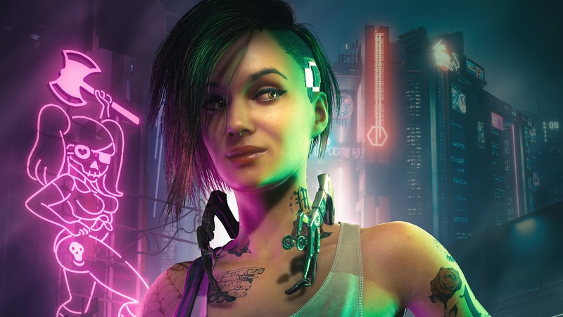 Женщина с татуировками и пирсингом на фоне неонового города (cyberpunk 2077, видеоигра, джуди альварес, judy alvarez)