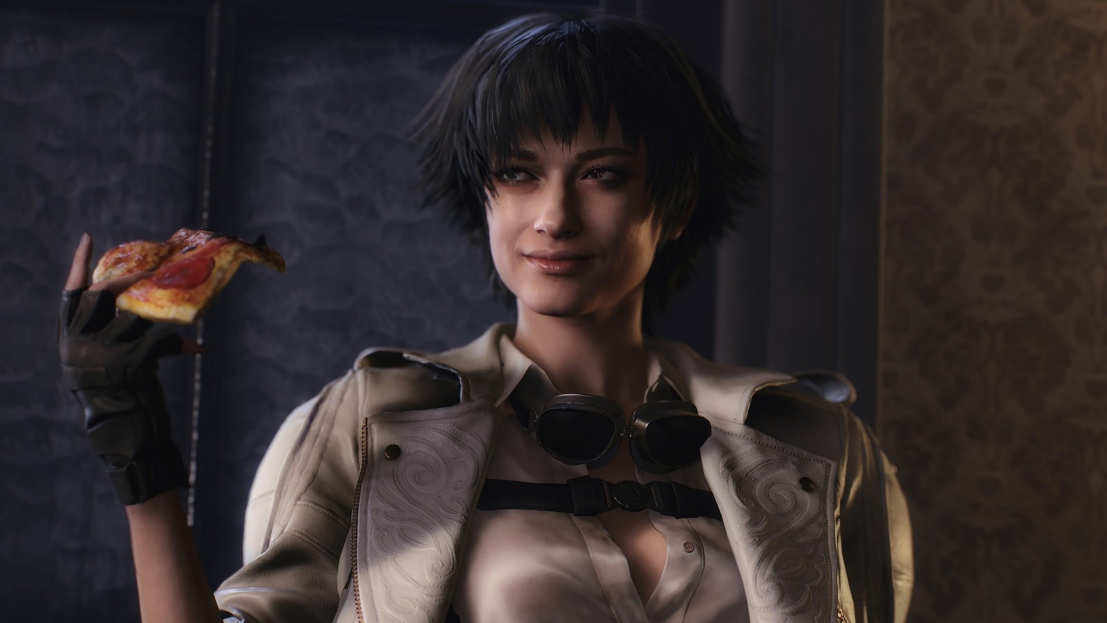 Il y a une femme tenant une tranche de pizza dans sa main (dame, devil may cry 5, jeu vidéo)