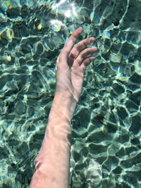 A hand reaching out beneath the shimmering surface of clear blue water, surrounded by reflections and hints of vibrant green vegetation.