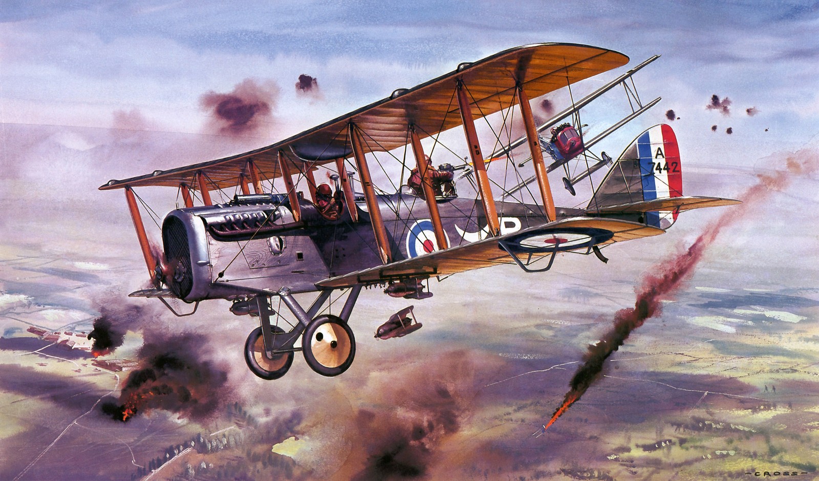 Pintura de um biplano voando sobre um campo com fumaça saindo dele (pintura, aeronave, biplano, aviação, capa)