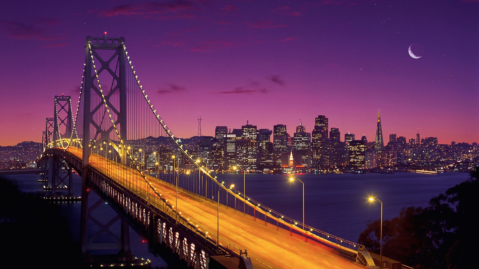 Descargar fondo de pantalla puente de la bahía de san francisco oakland, crepúsculo, atardecer, tiempo nocturno, exposición prolongada