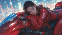 Fille cyberpunk sur une moto futuriste