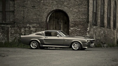 Classic Ford Shelby Mustang in a vintage industrial setting.