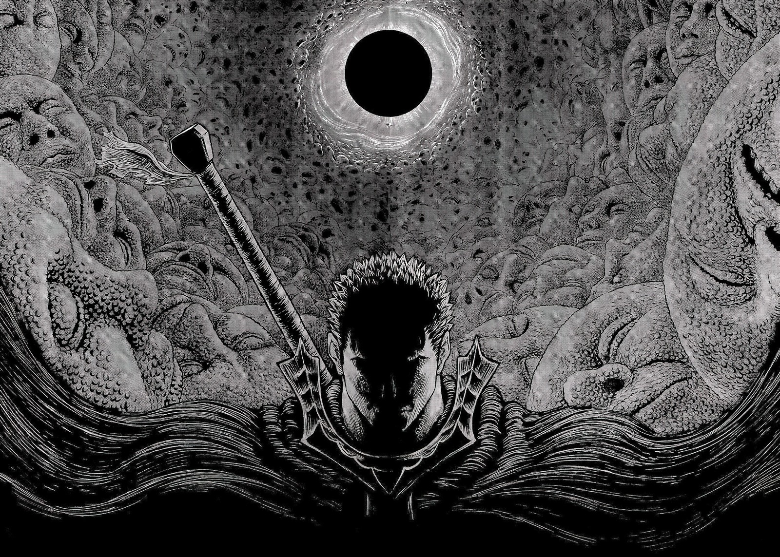 Um desenho em preto e branco de um homem com um bastão na frente de um buraco negro (berserk, guts, preto e branco, monocromático, anime)