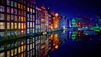 amsterdam, night, colorful, buildings, reflection wallpaper