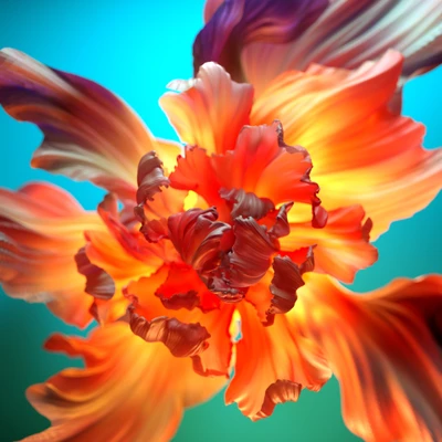 Lebendige orange Blume in einem bunten 3D Blumenhintergrund