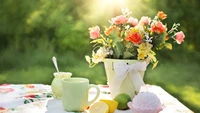 Charming Floral Still Life with Vibrant Bouquet and Refreshing Lemonade